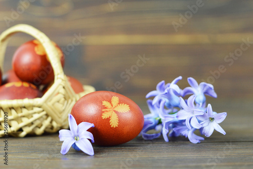 Easter egg naturally dyed with onion skins. Easter eggs and hyacinth flower on wooden background
