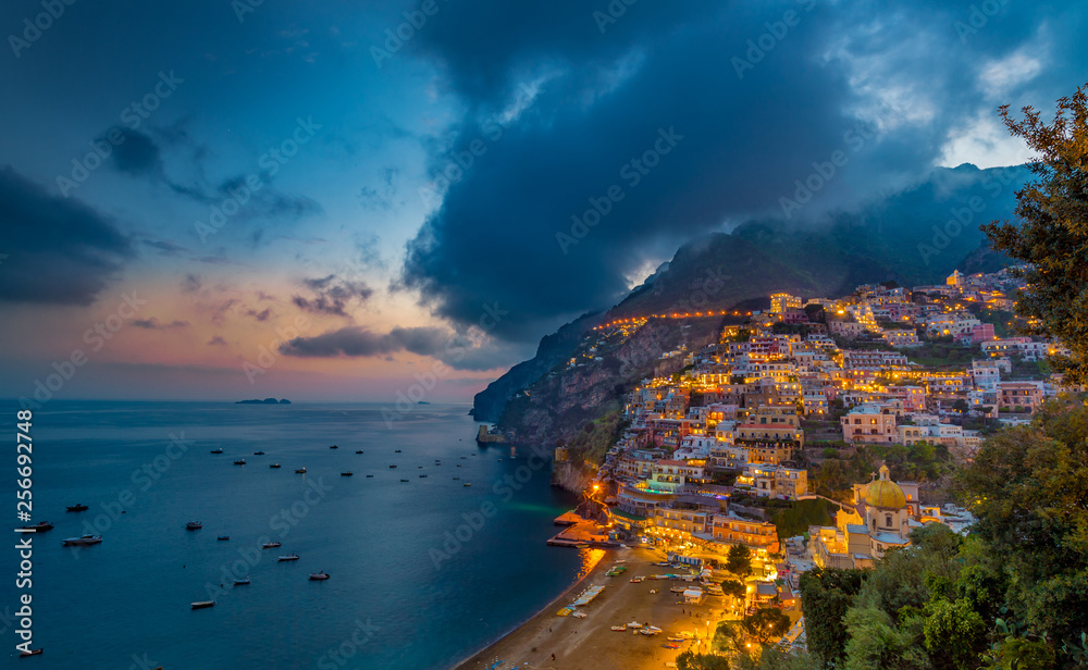 Sunset view of Positano town  at  Amalfi Coast, Italy.