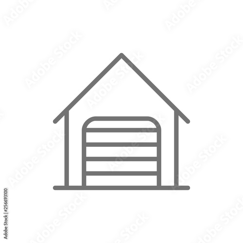 Car garage with roller shutter door line icon.