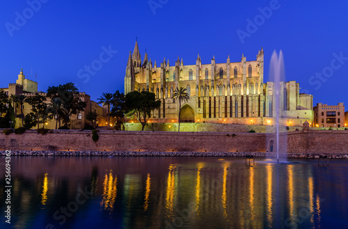 Sightseeing of Mallorca. La Seu, the gothic medieval cathedral of Palma de Mallorca, beautiful night view, Mallorca island, Balearic Islands, Spain © r_andrei