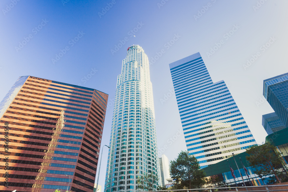 Low angle view on skyscrappers of Los Angeles downtown