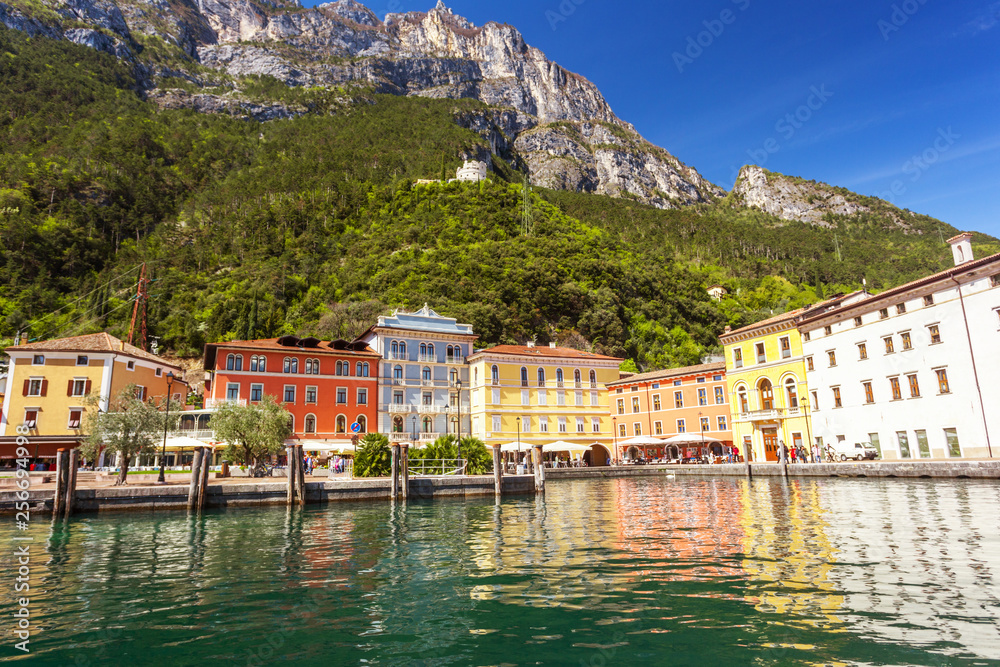 Coast of Riva del Garda with colourful vintage architecture