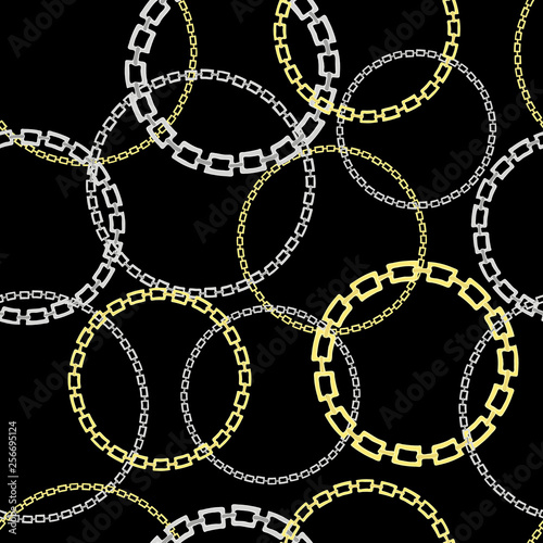 Seamless pattern with gold and silver chains on a black background.