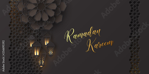 Ramadan Kareem greeting banner. 3d paper cut flowers and hanging lanterns with pattern in traditional islamic style. Design for greeting card, banner or poster. Vector illustration.