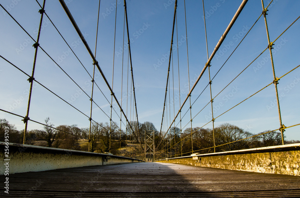 A view of the Dinckley Suspension Bridge footpath across the River Ribble near Hurst Green as seen from its footpath before it was damaged in 2015
