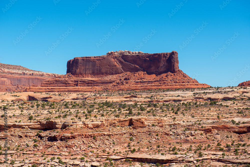 Mesa and Butte landscape and US route 191 in Arches National Park, Moab, Utah, USA.