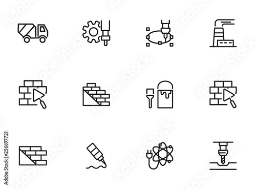 Construction work line icon set. Building brick photo