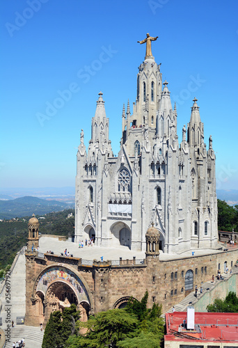Tibidabo church Expiatori del Sagrat Cor with christ statue on mountain in Barcelona, Spain