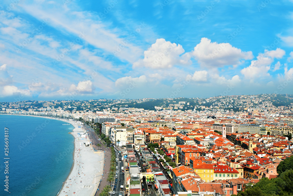 Cote d'Azur France. Beautiful panoramic aerial view city of Nice, France. Luxury resort of French riviera.