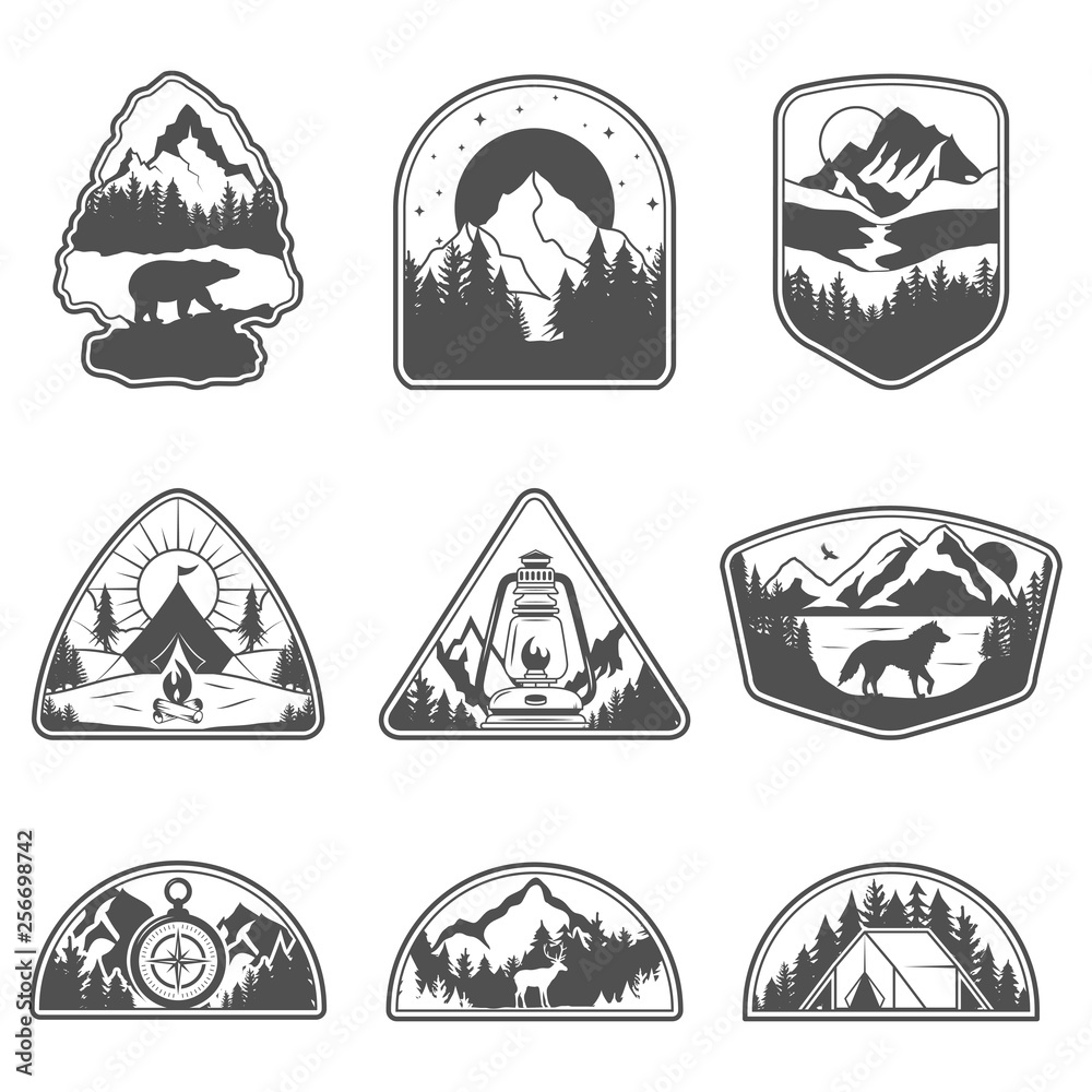 Fototapeta premium Set of nine mountain black travel emblems. Camping outdoor adventure emblems, badges and logo patches. Mountain tourism, hiking. Nature labels in vintage style