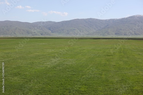 Sunny summer landscape with river.Green hills,fields and meadows