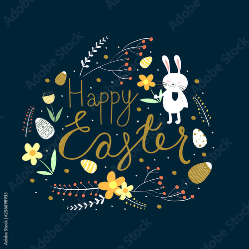 Happy Easter greeting postcard. Happy Easter lettering, rabbit, leaves, eggs on a dark background. Vector ements for design.