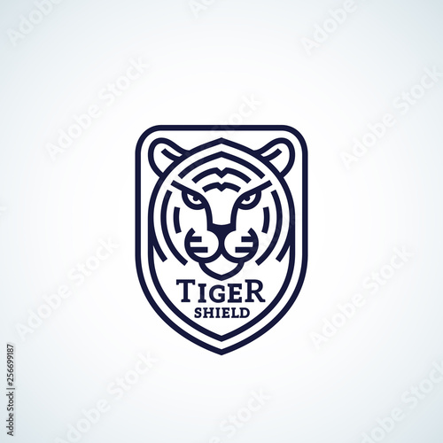 Line Style Tiger Face Shield Abstract Vector Icon  Symbol or Logo Template. Wild Animal Head Sillhouette Incorporated in a Shield Frame with Typography. Creative Predator Emblem.