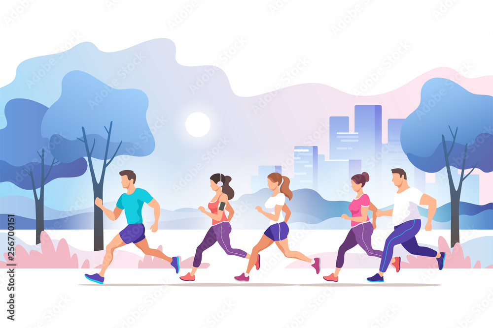 City marathon. Group people running in the city public park. Healthy lifestyle. Trendy style vector illustration.