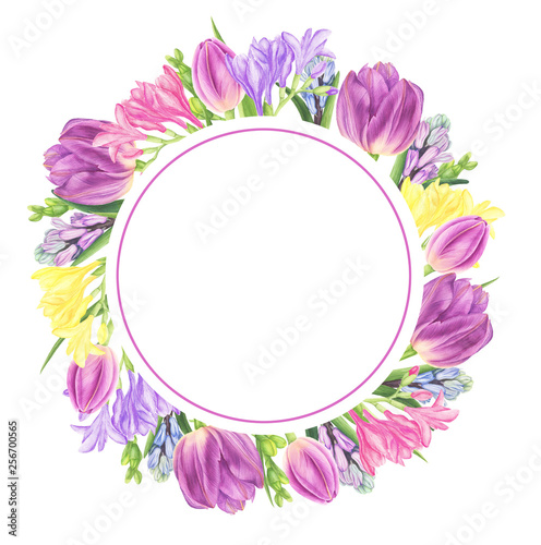 Frame with spring flowers: tulips and hyacinths, watercolor painting. For design cards, pattern and textile.