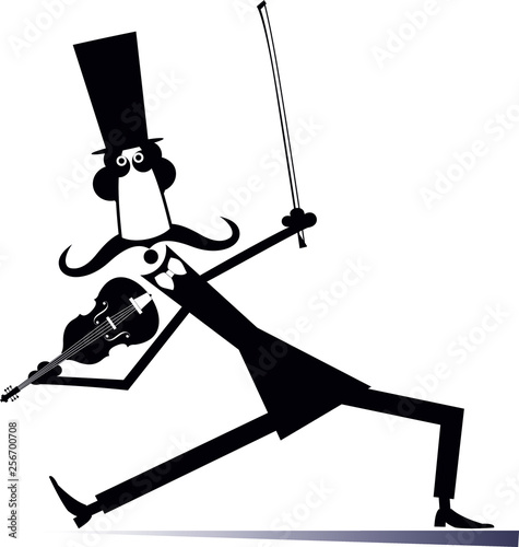 Cartoon long mustache violinist illustration isolated. Smiling mustache man in the top hat with violin and fiddlestick illustration 