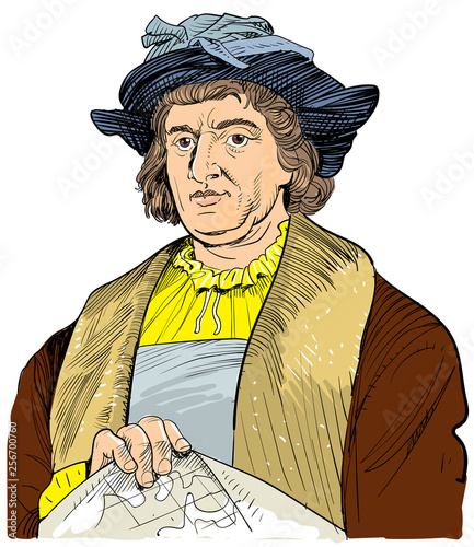 Christopher Columbus colored portrait in line art illustration