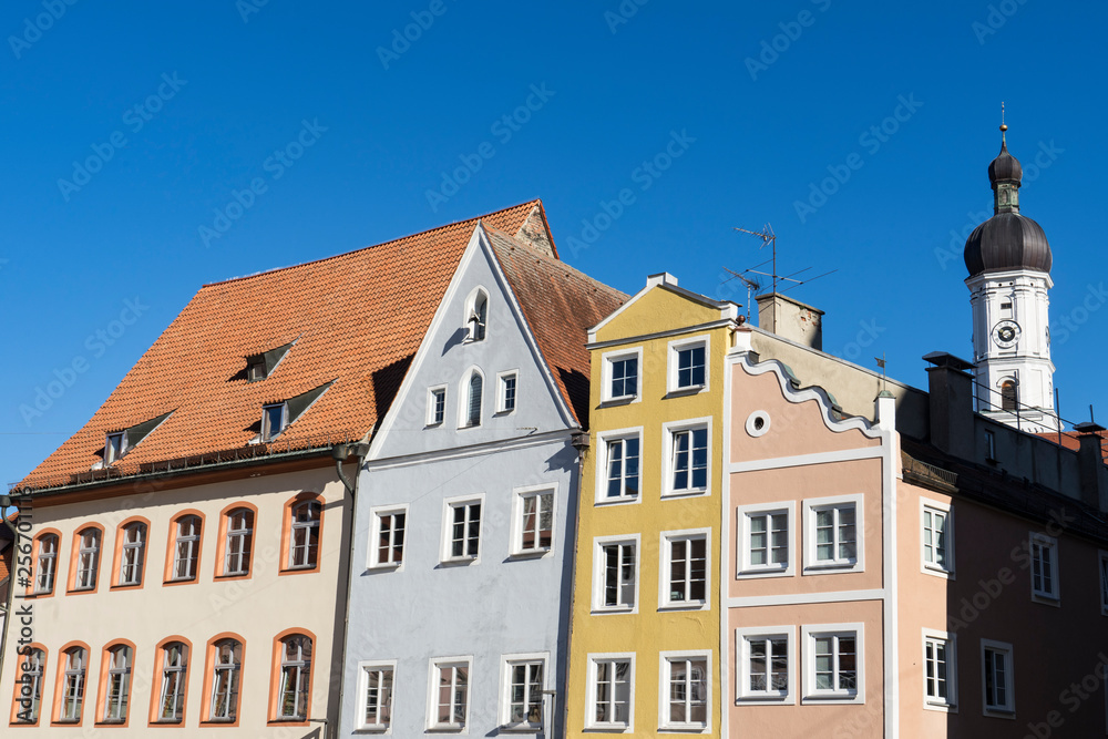 church and colorful houses in Landsberg am Lech,  Germany