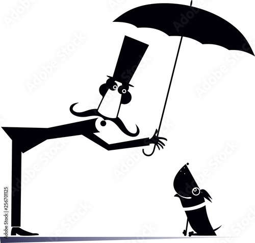 Long mustache man, umbrella and the dog illustration. Funny long mustache man in the top hat protects a dog against the rain by umbrella black on white illustration