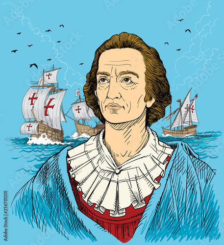 Christopher Columbus colored portrait in line art illustration