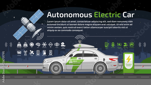 Autonomous self drive electric car vector with satellite, charge station, icon, road and city background.