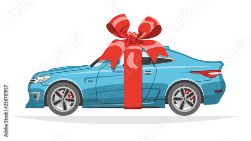 Mockup coupe sport car gift for present with red bow and ribbon. The ability to easily change the color.