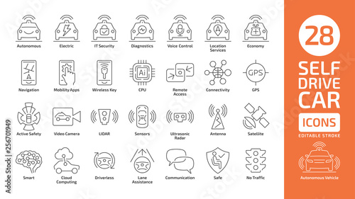 Self drive car line icon set. Autonomous sensor smart vehicle editable stroke outline symbol.