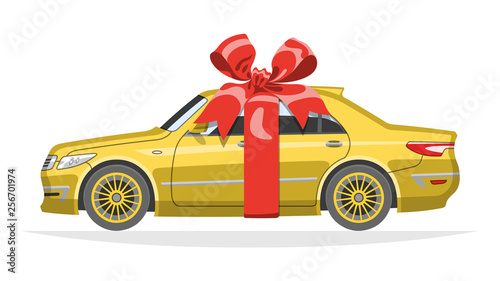 Mockup sedan car gift for present with red bow and ribbon. The ability to easily change the color.