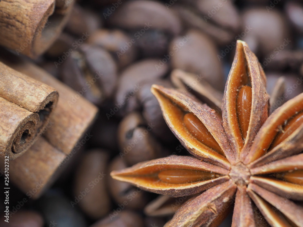 star anise and coffee and cinnamon close up. star anise and coffee and cinnamon close up.