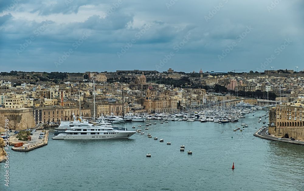Aerial view over Grand harbour and Birgu waterfront in Valletta, Malta.