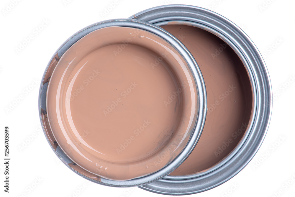 Opened Can of Chocolate Brown Paint Top View Isolated on White Background Opened Can of Chocolate Brown Paint Top View Isolated on White Background