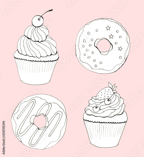 Hand drawn cupcakes and donuts card on pink background