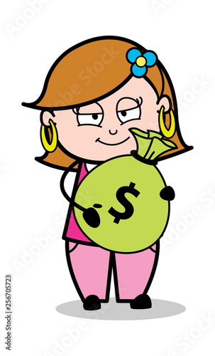 Cartoon Young Lady Showing Cash Vector Illustration