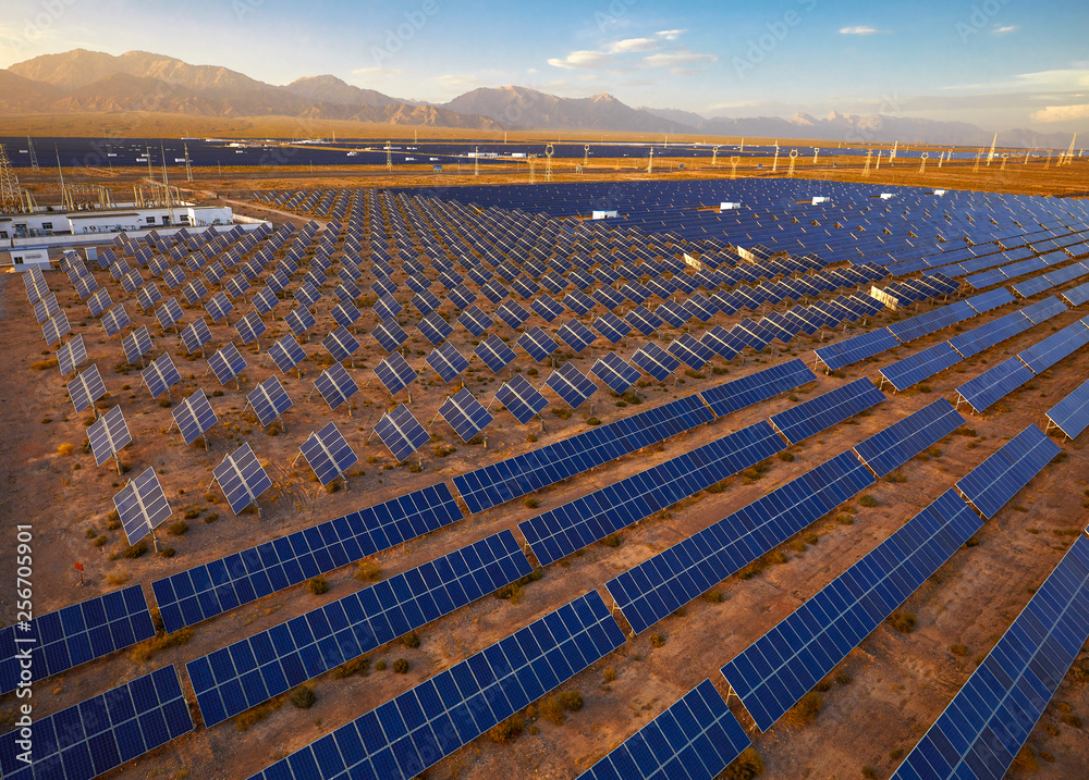 Fototapeta premium Solar photovoltaic tilting bracket for aerial desertification zone