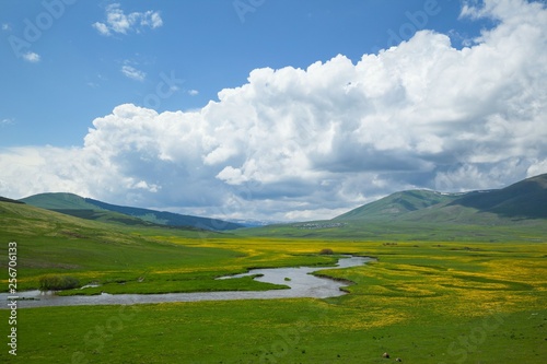 Sunny summer landscape with river.Green hills fields and meadows