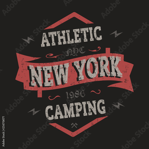T-shirt graphics, typography. Vintage red emblem of NY athletic camp. Vector.