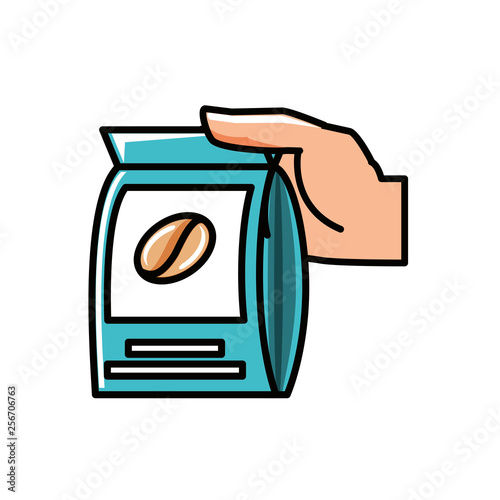 hand with bag coffee isolated icon photo