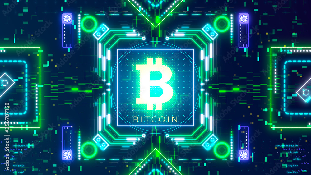Bitcoin cryptocurrency sign on the digital background. Financial theme 3d render Bitcoin cryptocurrency sign on the digital background. Financial theme 3d render