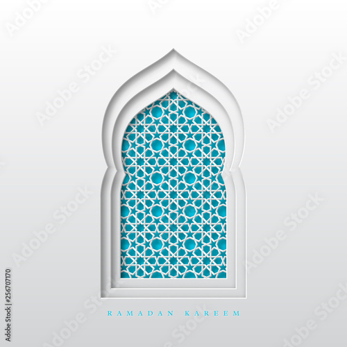 Ramadan Kareem greeting background. 3d paper cut arabic window decorated pattern in traditional islamic style. Design for greeting card, banner or poster. Vector illustration.