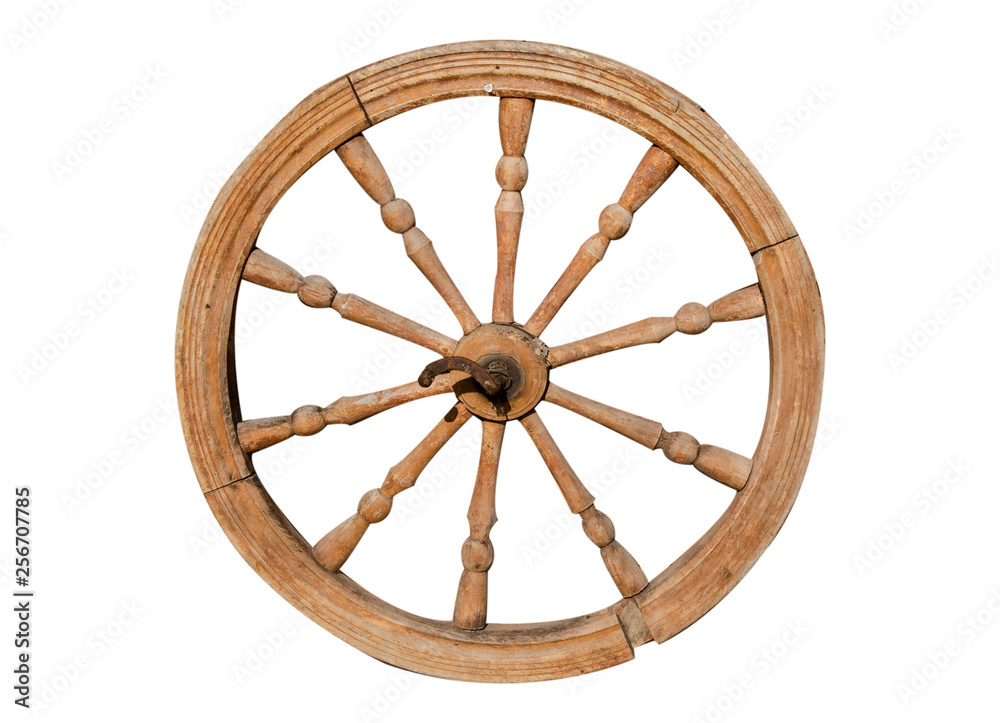 Vintage wooden cart wheel on white background.Isolated object.