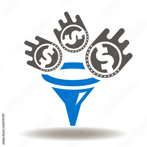 Funnel dollar coins flow icon vector. Sales funnel marketing logo. Transformation financial filter illustration.