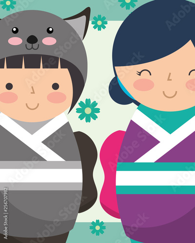 sweet japanese kokeshi dolls in kimono