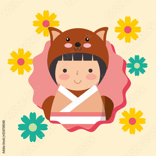 beautiful kokeshi doll in costume animal kimono