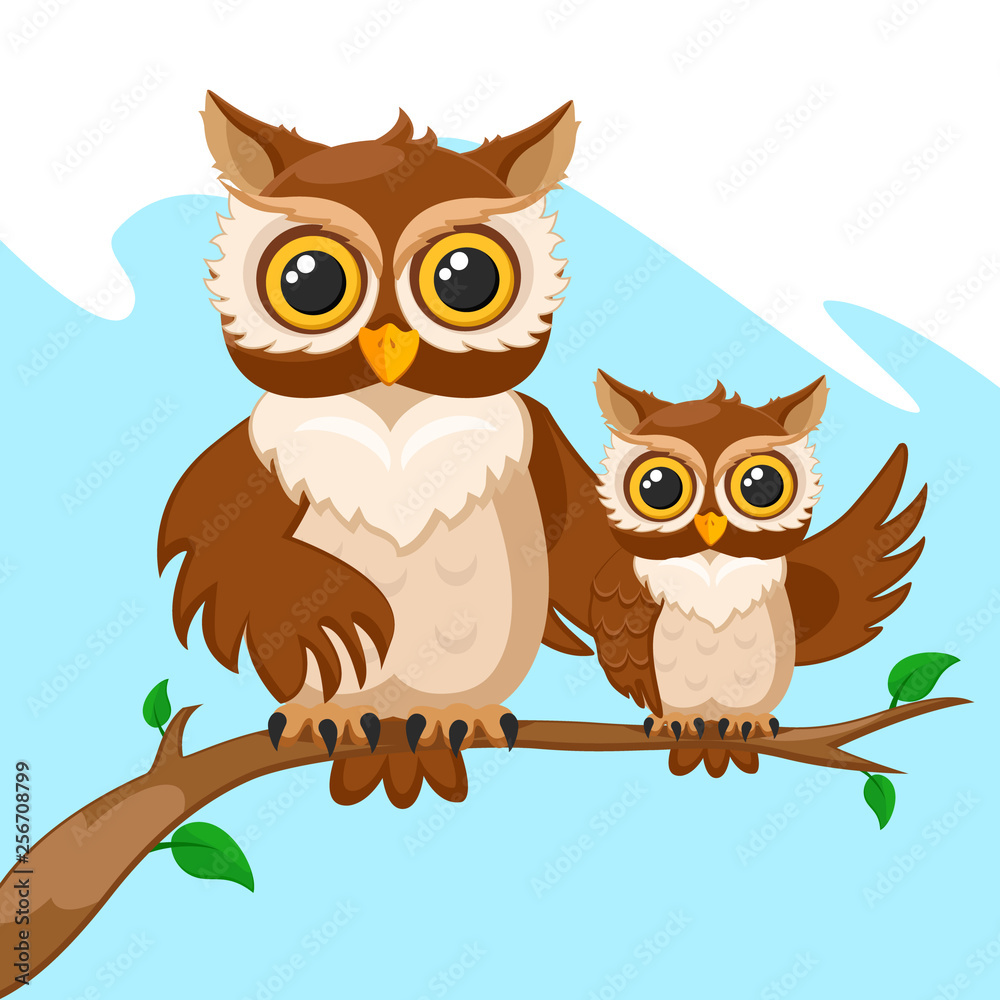 Obraz premium Owl and her baby owls sitting on a branch.