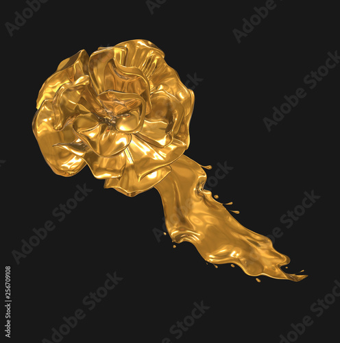 Realistic golden flower with leaf isolated on black. Clipart element. 3d render photo