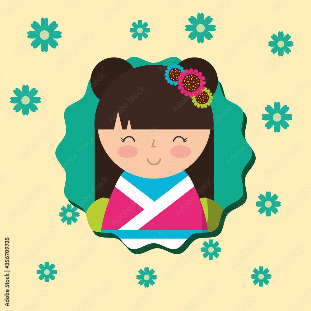 cute traditional japanese kokeshi doll in kimono flowers background