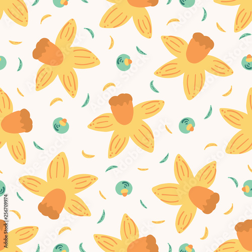 Hand painted daffodil large scale floral vector seamless pattern. White background. Easter spring bloom. Hand drawn pretty garden flowers. Bold petal power foliage all over print. Retro vintage style.