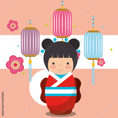 floral decoration chinese lanterns and japanese kokeshi doll in kimono