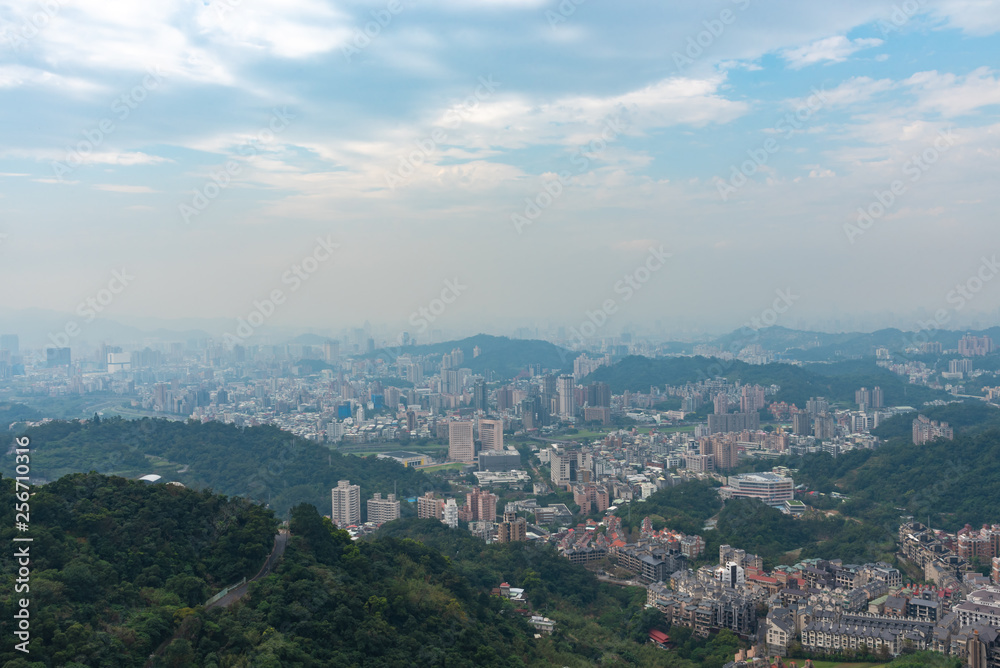View of Taipei City view from Window of Maokong Gondola,Taiwan.