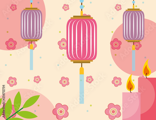 japanese lanterns flowers and candles decoration